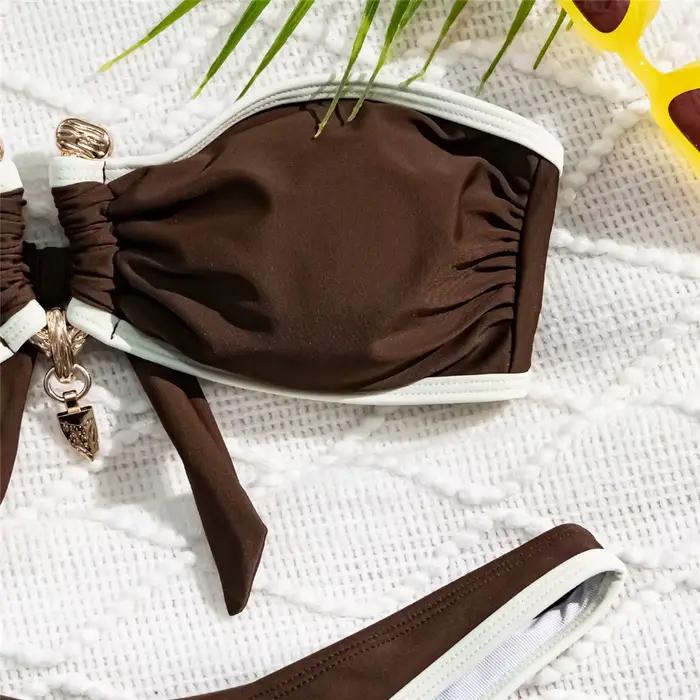 Ensembles de bikinis bandeau marron 2026, maillot de bain sexy pour femmes, maillot de bain bicolore, boucle métallique, maillot de bain à découpe haute, bikinis de mujer