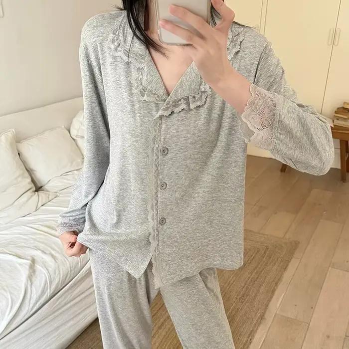 Nouveaux pyjamas pour femmes 2026 – Ensemble deux pièces en modal et dentelle à petit col, cardigan à manches longues, idéal printemps-automne