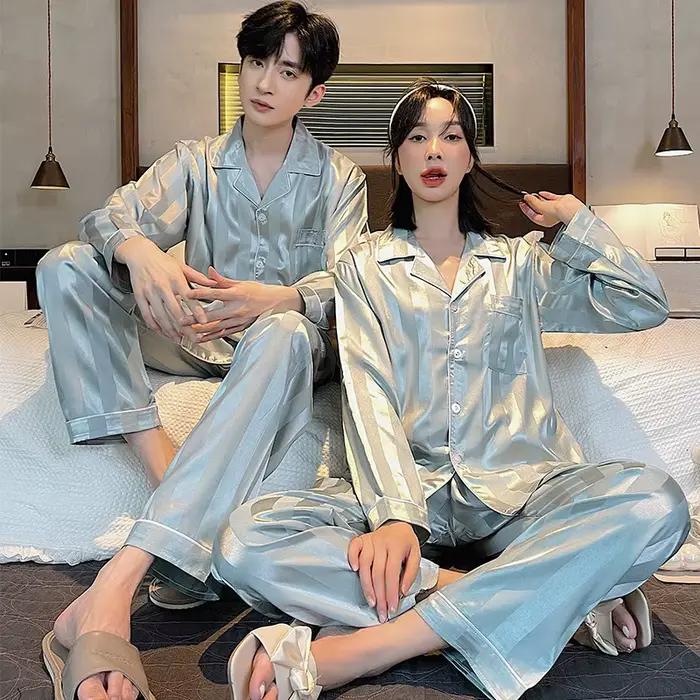 Pyjama de Luxe en Satin Trempé pour Homme et Femme, Ensemble de Vêtements de Nuit Décontractés pour Couple et Amoureux, Grande Taille