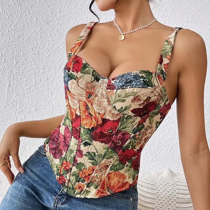Corset à fleurs brodées pour femmes, Vintage, écharpe française amincissante, Sexy, sans manches, en arête de poisson, entraîneur de taille, gilet façonnant, été