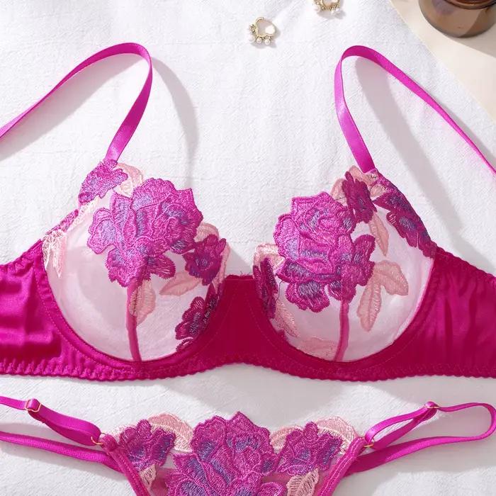 Červená ruža kvetinová výšivka sexy priesvitná podprsenka ultra tenký košíček push-up veľký displej set podprsenky