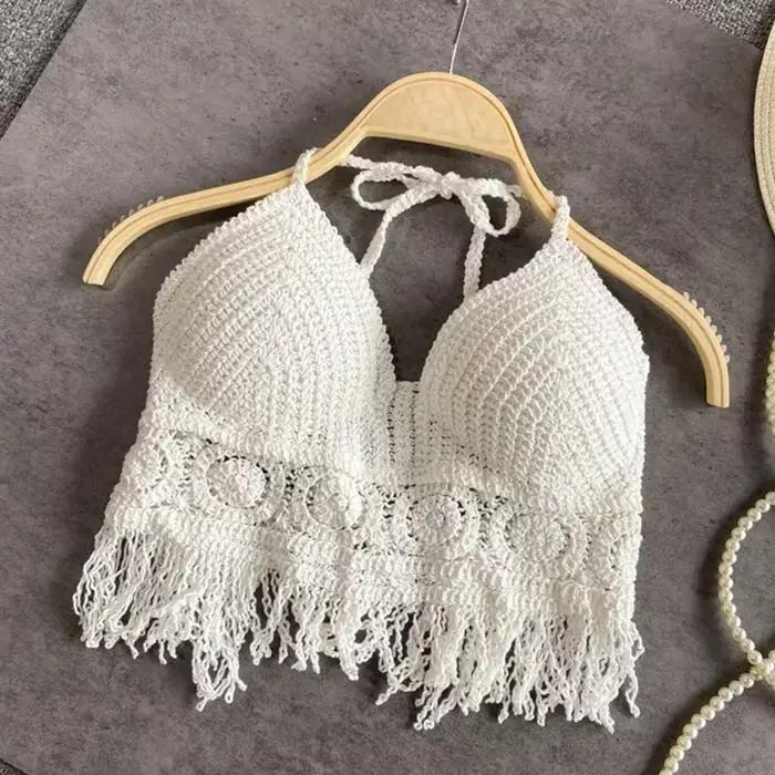 Sexy Boho plážové prázdniny Camisole lano ženy Háčkovaný pletený plavkový podprsenka holý chrbát vesta dutý strapček top
