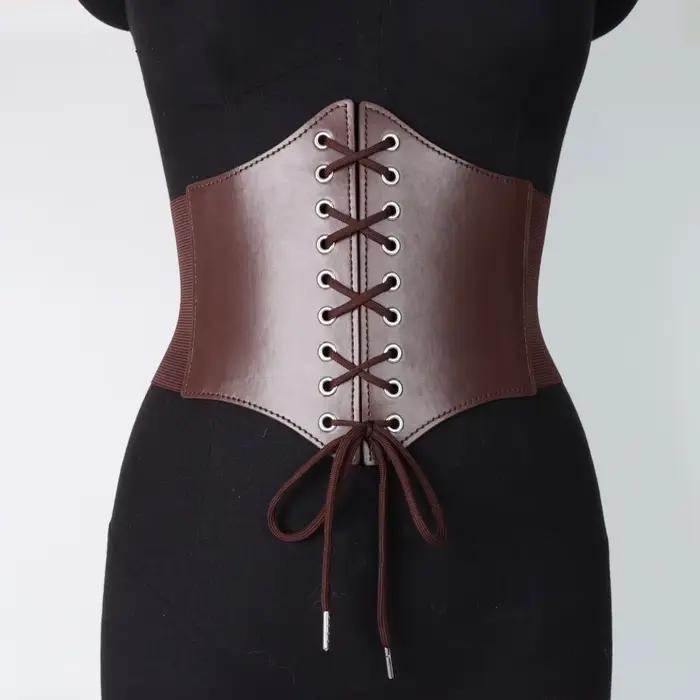 Corset en similicuir pour femme, à lacets, sexy, gaine amincissante, style gothique, sous-poitrine, avec large ceinture, pour clubwear, bustier, ceinture médiévale
