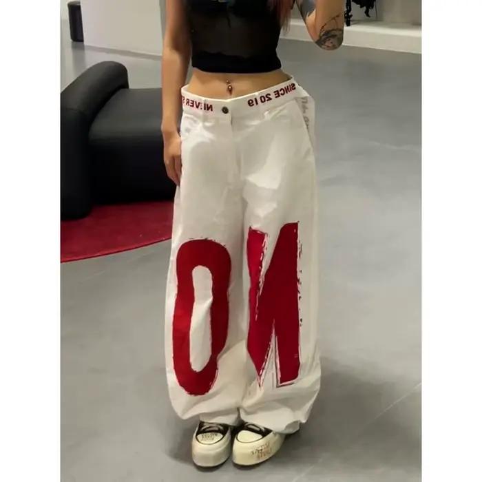 ZHIZOU dámske biele nohavice s potlačou písmen Y2k Baggy džínsy 2000s štýl Denim