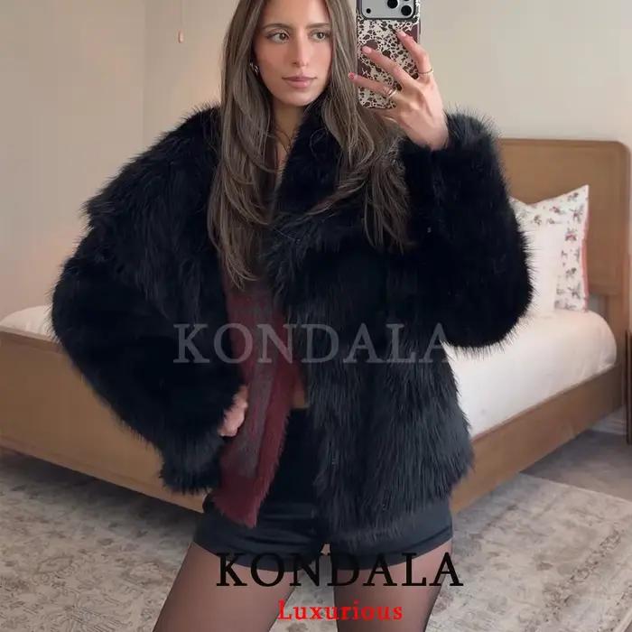 KONDALA ležérny hnedý hrubý kožušinový kabát pre ženy s dlhými rukávmi a výstrihom do V na jeseň a zimu z umelej kožušiny