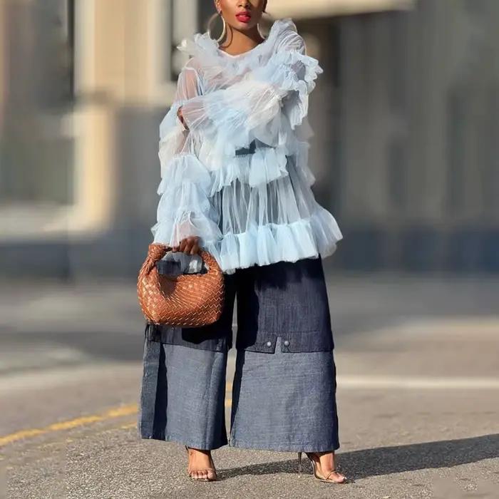UOOZEE mestské dámske streetwear vrstvy Denim nohavice so širokými nohavicami voľné elastické vysoký pás vrecká Baggy džínsy