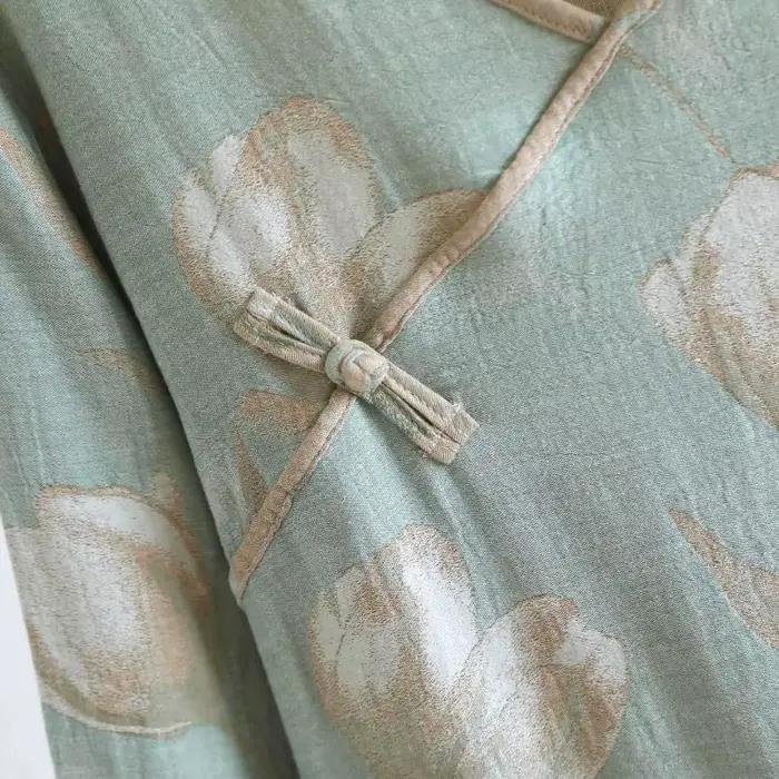 Chemise de nuit en coton pur teint en fil de style chinois pour femmes, vêtements de détente en gaze fine, rétro, manches longues, col en v, ample, automne
