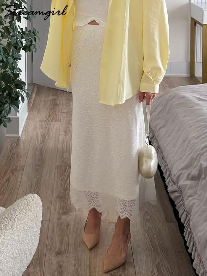 Jupe en dentelle blanche Maxi moulante femmes été tenue de bureau jupes formelles élégantes avec dentelle dame taille élastique dentelle jupe noire longue