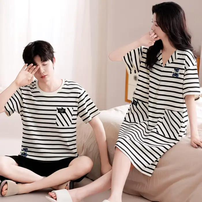 Ensemble pyjama pour Couple, chemise de nuit 100 % coton rayé, manches courtes, nouvelle collection