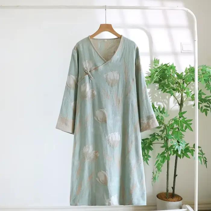 Chemise de nuit en coton pur teint en fil de style chinois pour femmes, vêtements de détente en gaze fine, rétro, manches longues, col en v, ample, automne