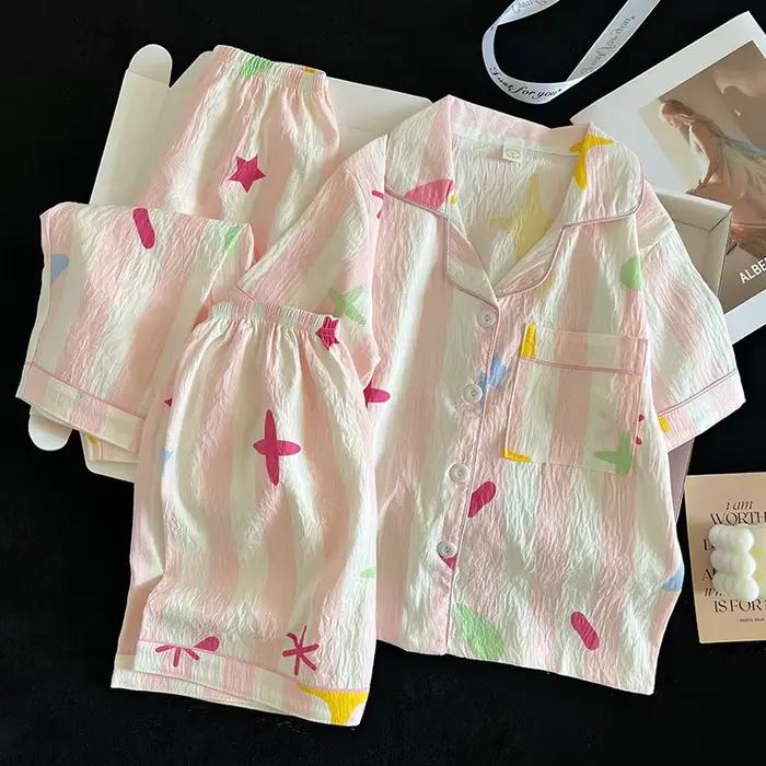 Ensemble pyjama d'été, haut à manches courtes et short et pantalon assortis, vêtements de maison confortables