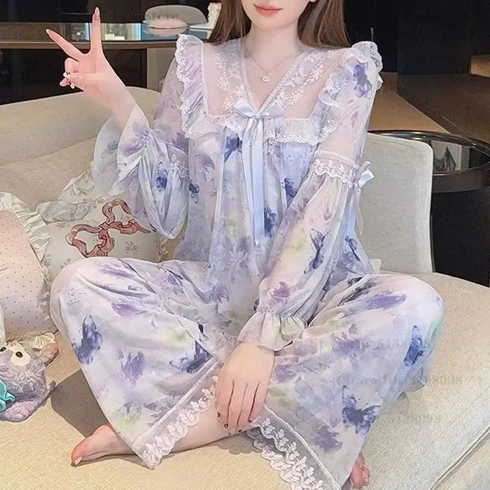 Nový jemný sieťovaný pyžamový set Sexy čipka princeznovský štýl ležérne nočné oblečenie s potlačou exkluzívne elegantné