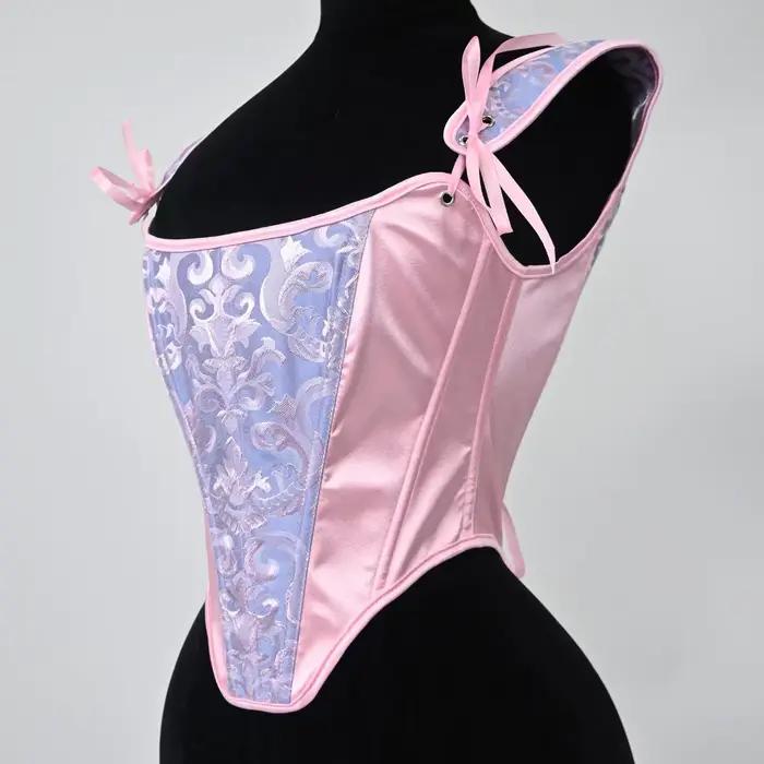 Nouveau Corset Jacquard Rose et Bleu 2026, Bretelles en Satin Rose à Nœuds, Sculpteur de Taille à Baleines, Style Vintage Adorable pour Voyages et Séances Photo
