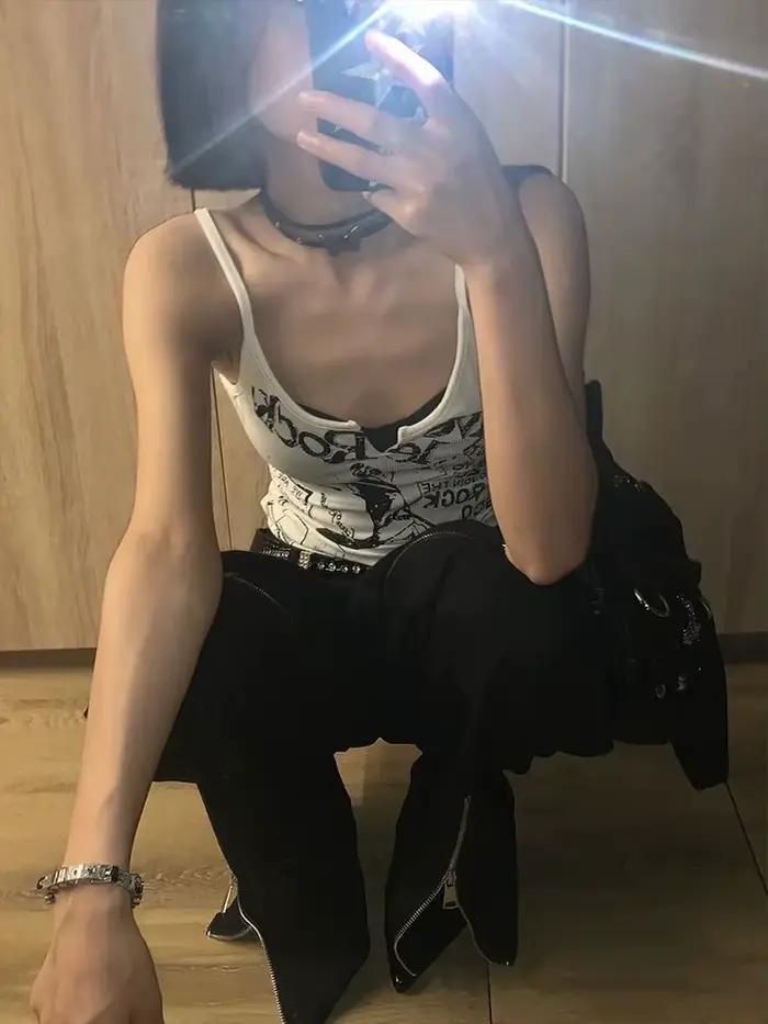 Y2K Dámsky krátky pletený top s potlačou E-Girl Punk