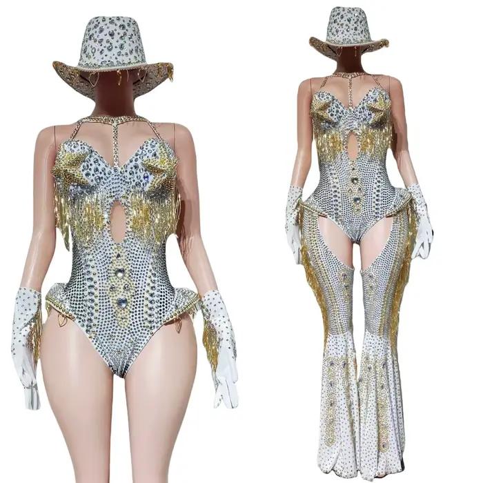 Ensemble 4 pièces haut de gamme avec strass pour femmes, tenue de Club, Cowboy, spectacle de fête, combinaison de carnaval, Showgirl, vêtements Sexy, Hongding