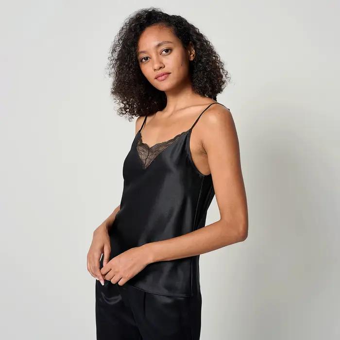 LILYSILK Dámske hodvábne 2-v-1 camisole MIM Vest Top s čipkovaným výstrihom do V a nastaviteľnými tenkými ramienkami