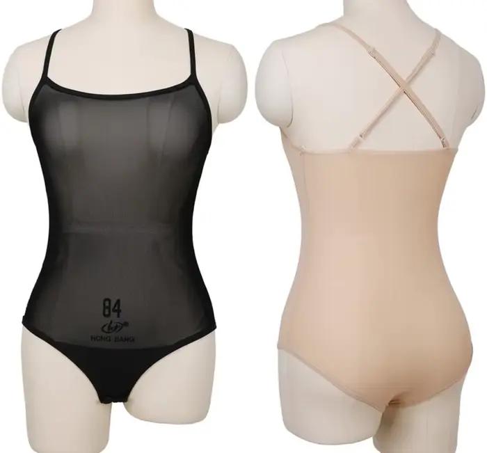 Justaucorps en maille transparente pour femme, costume de batterie une pièce, string coupe haute, tenue de base FibrDance, noir nude, pas cher, sexy, en vente