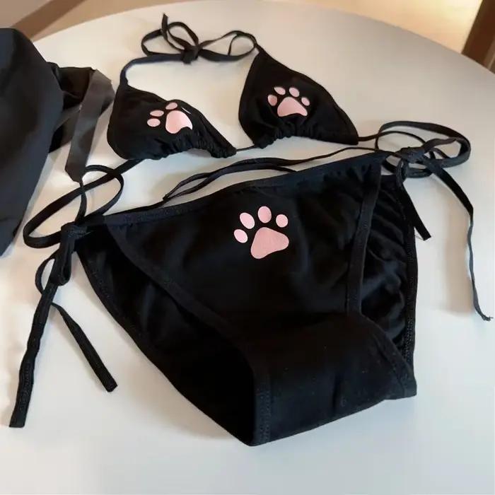 Sexi čipkovaná Lolita sada spodnej bielizne pre ženy Kawaii mačacia labka roztomilá podprsenka Cosplay set animovaná