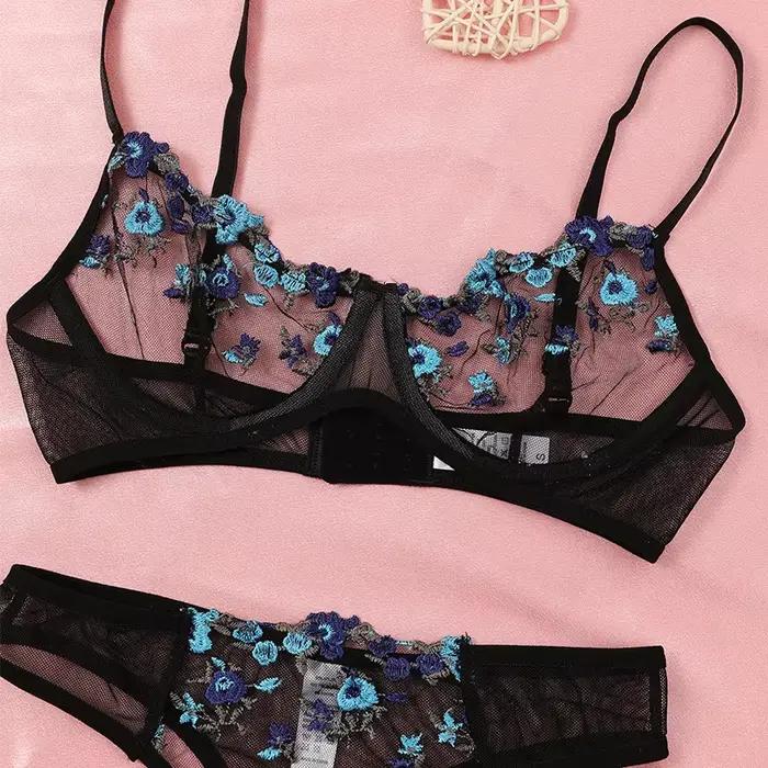 Lingerie en dentelle transparente brodée pour femmes, sous-vêtements sexy, ensemble de culottes dégradées, kit de soutien-gorge délicat, push-up, ensembles de culottes 7.0, nouveau Heilan