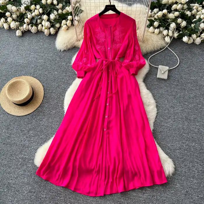 Elegantné vintage vyšívané gombíkové šaty do A-liniek Štýlové ležérne plážové prázdninové letné