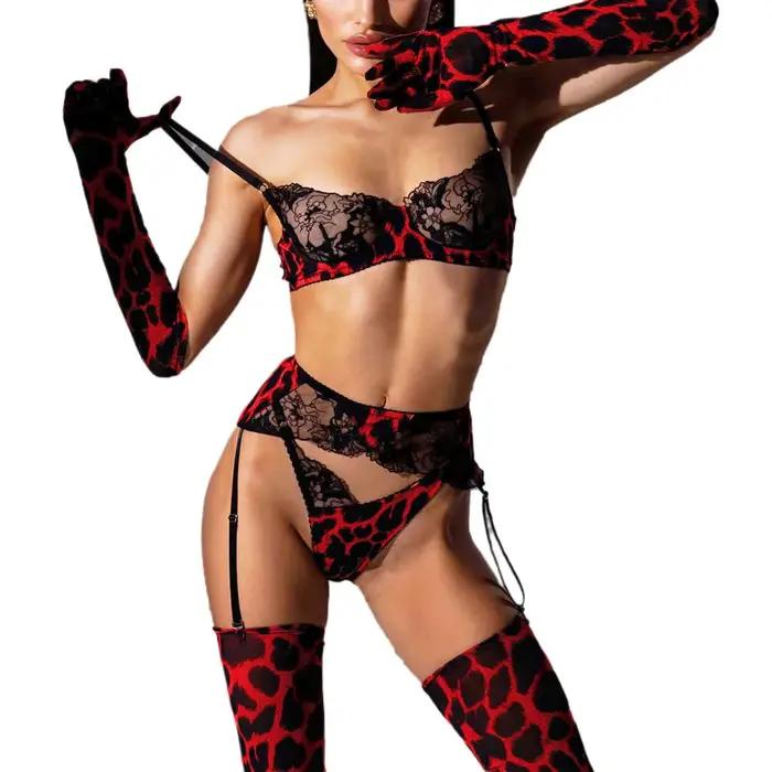 Ensemble de lingerie léopard 5 pièces pour femme, avec soutien-gorge en dentelle, bas et collier ras-du-cou, pour déguisement de cowgirl équestre sauvage, tenue de fête sexy