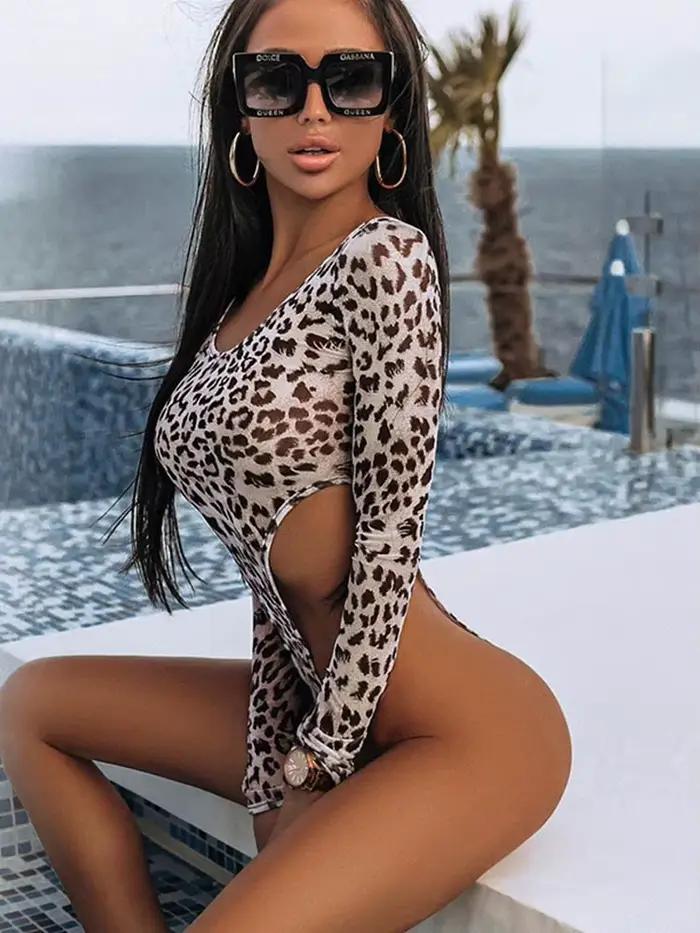 Léopard Sexy taille haute femmes Body maille Transparent sauvage extensible string corps T-Shirt rue soirée vêtements chaud