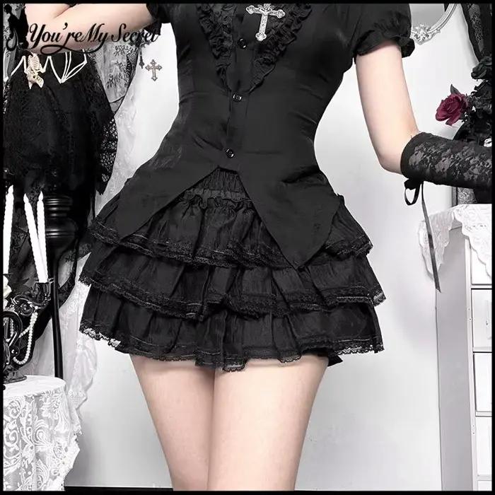 [You're My Secret] Mini-jupe gothique noire sexy plissée multicouche en dentelle, style Lolita, tenue pour femme