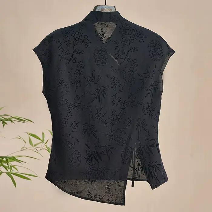 Jemná retro košeľa v novom čínskom štýle Cheongsam top čierny žakárový T-shirt s krátkym rukávom letný zrelý módny odev