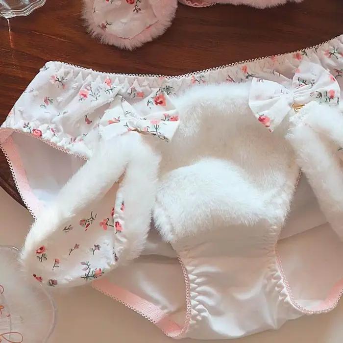 Culottes en velours avec oreilles de lapin et nœud, mignonnes, en peluche, style Lolita, pour femme, douces, chaudes, avec entrejambe en pur coton, taille moyenne