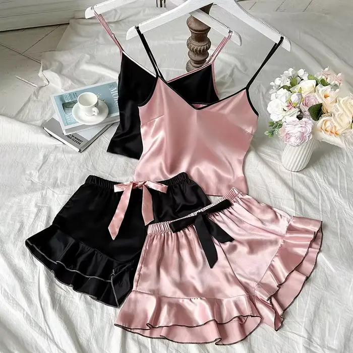 Pyjamas en satin fluide pour femme, sexy, sans manches, shorts, rose noire, pour les nuits d'été et les sorties nocturnes