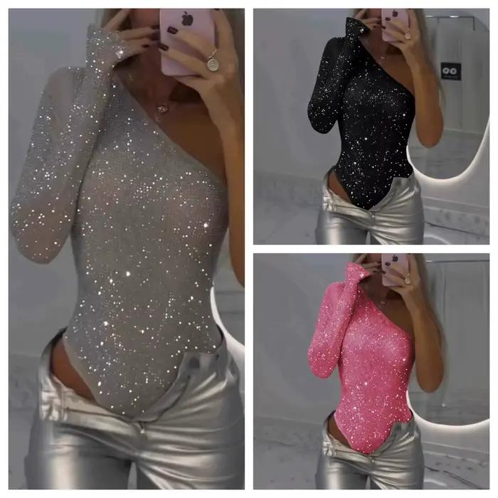 Trblietavé body pre ženy Sexy jednoramenné obtiahnuté s kamienkami Strih Chic