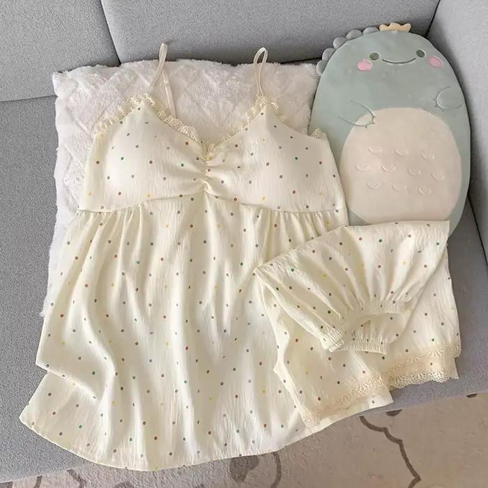 Ensemble de pyjama pour femmes, camisole colorée à pois avec coussinets de poitrine, vêtements de nuit deux pièces, col en V en dentelle, sans manches, pyjama doux et confortable