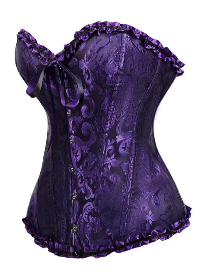 Corset violet jacquard à encolure cœur, fermeture avant, dos à lacets, bordure à volants, style gothique victorien, cincher de taille