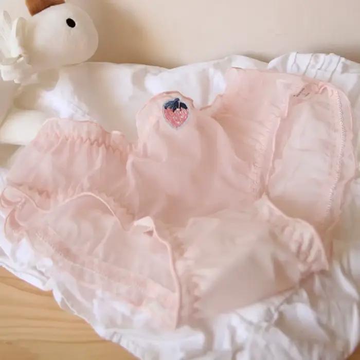 Culottes pour femmes Rose Sweetheart Pure Desire en dentelle transparente et maille respirante, avec double nœud détachable, motif fraise mignon
