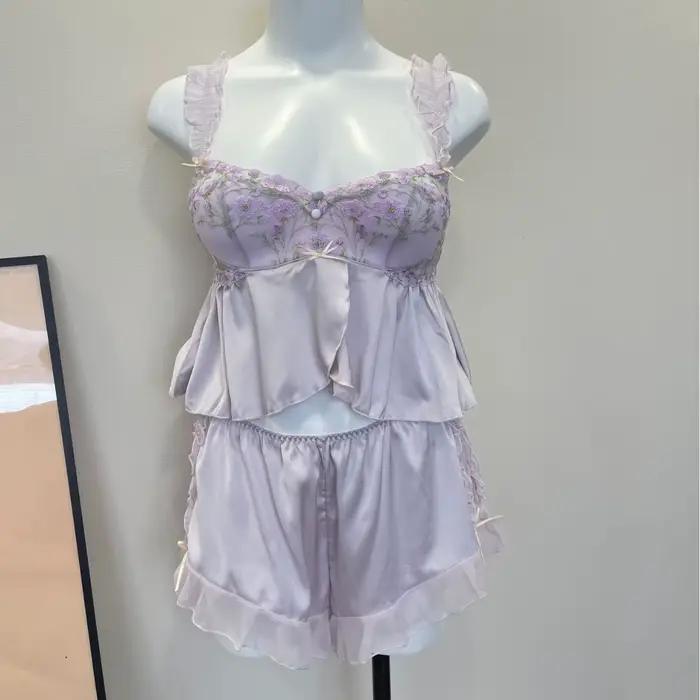 Pyjama de cour française en dentelle, haut tubulaire, écharpe, hauts de nuit avec short, coussinet de poitrine, Perspective, sous-vêtements fins et Sexy, ensemble de vêtements de maison pour femmes