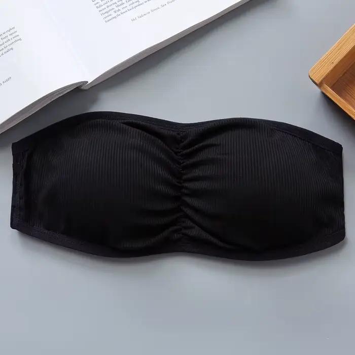 Soutien-gorge bandeau côtelé sans bretelles pour femme, anti-dérapant, froncé, avec coussinets amovibles et respirants, crochets dorsaux réglables, taille unique