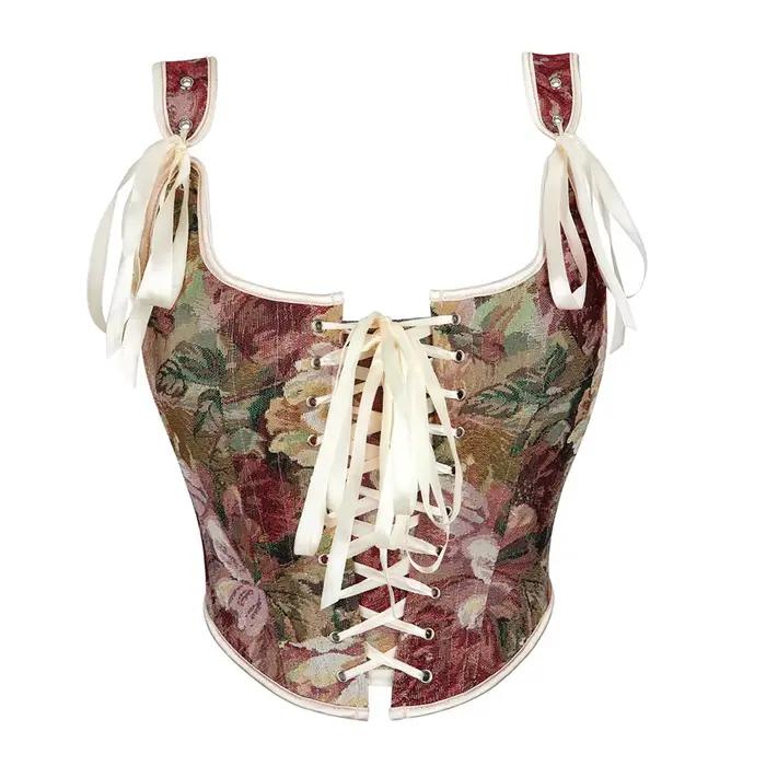 Dámsky vintage korzetový top Sexy kvetinový bustier krátky tielko so šnurovaním na vychádzky