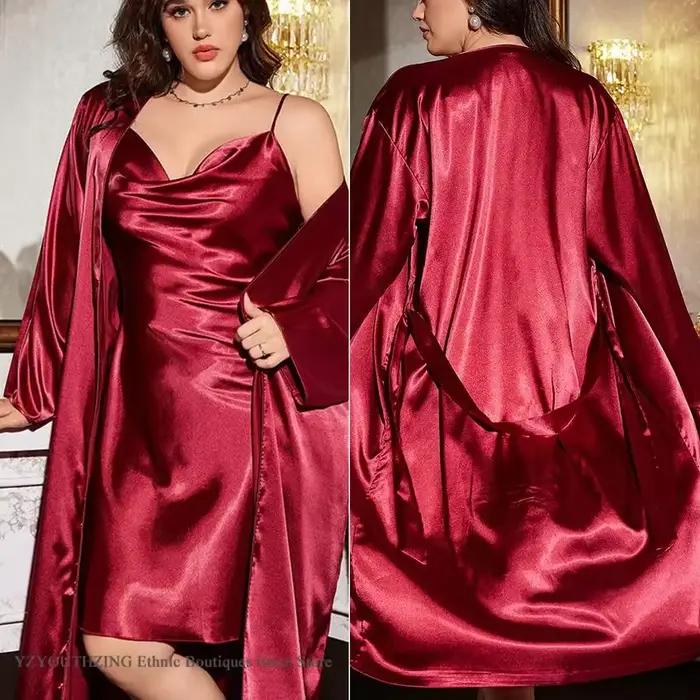 Ensemble chemise de nuit et robe pour femme, peignoir en satin, chemise de nuit printemps été, vêtements pour la maison, grande taille 3XL, 4XL, 5XL
