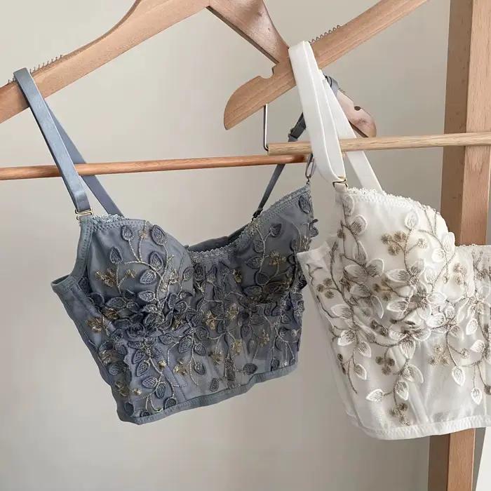 Soutien-gorge brodé 3D sexy en dentelle, corset à baleines, avec fermeture élargie et armature en acier, qui rehausse et absorbe la transpiration, sous-vêtement