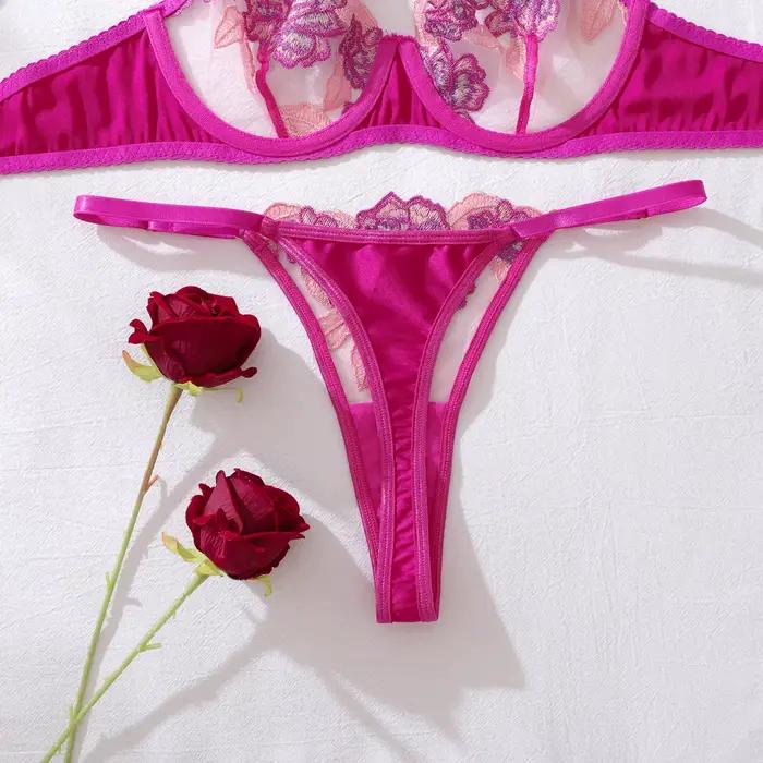 Červená ruža kvetinová výšivka sexy priesvitná podprsenka ultra tenký košíček push-up veľký displej set podprsenky