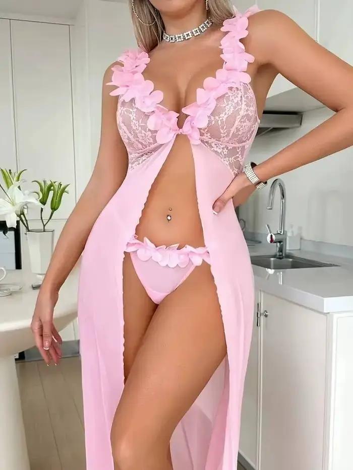 Pyjama Sexy pour femmes, garniture en dentelle fendue, Transparent, dos nu, bretelles en V profond, robe sans manches, pur désir charmant 0FE5