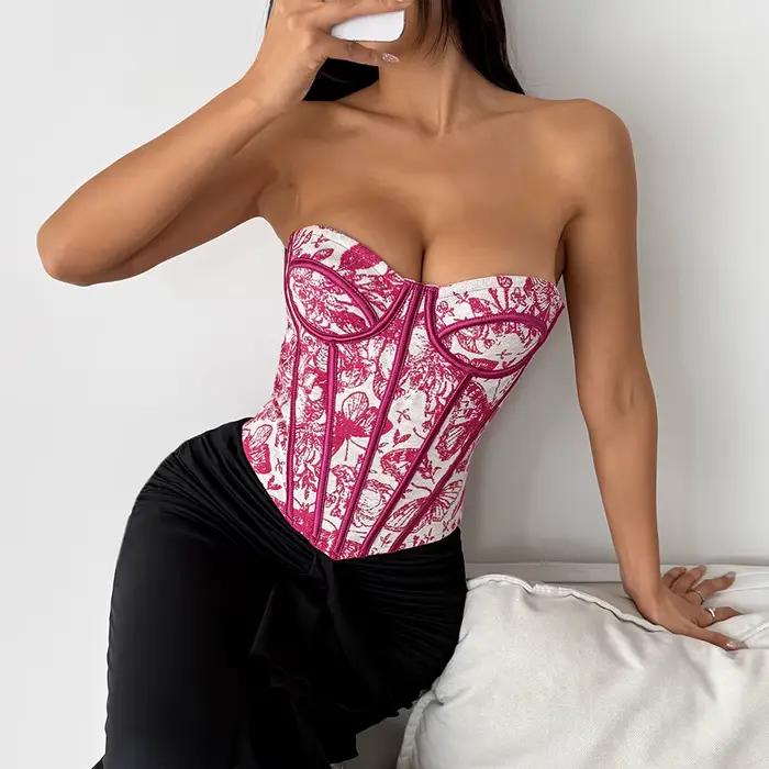 Hauts de lingerie rétro français, Corset à nouer à la taille, Corset imprimé sans bretelles pour femme, Gilet sculptant sans bretelles, Bustier brodé