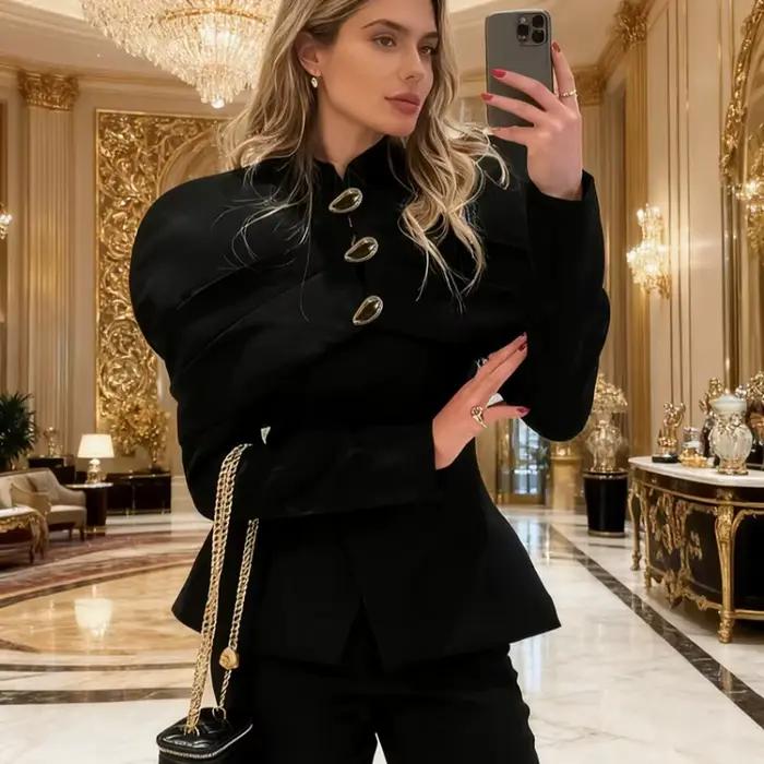 Elegantný čierny blazer Trendix pre ženy 2025 jeseň móda zlaté gombíky patchwork sako kabát párty vintage predmestie