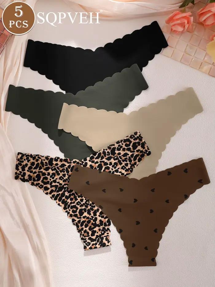 Lot de 5 strings taille en V à imprimé léopard et cœur, sans couture, invisibles, doux, respirants, couleur terre neutre, pour femme, usage quotidien