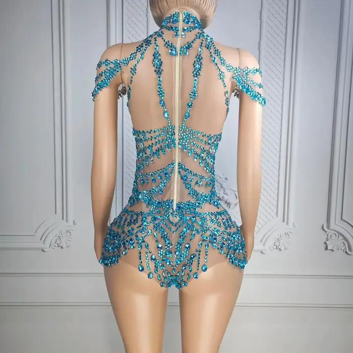 Justaucorps scintillant en strass pour femme, sexy, en maille transparente, pour soirée, spectacle de danse, costume de scène pour chanteuse et danseuse