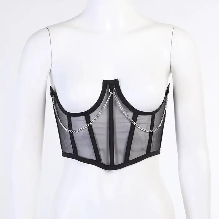 Sexy korzet pod prsia Punk čierna kovová reťaz ženy top krivky tvarovač pásový pás vysoký pás čipka bustier