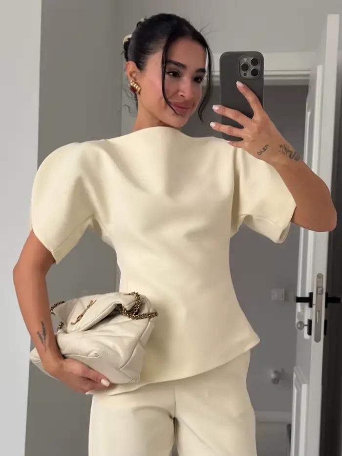 SLTNX Čierne voľné a elegantné tričká s krátkymi nafúknutými rukávmi pre ženy