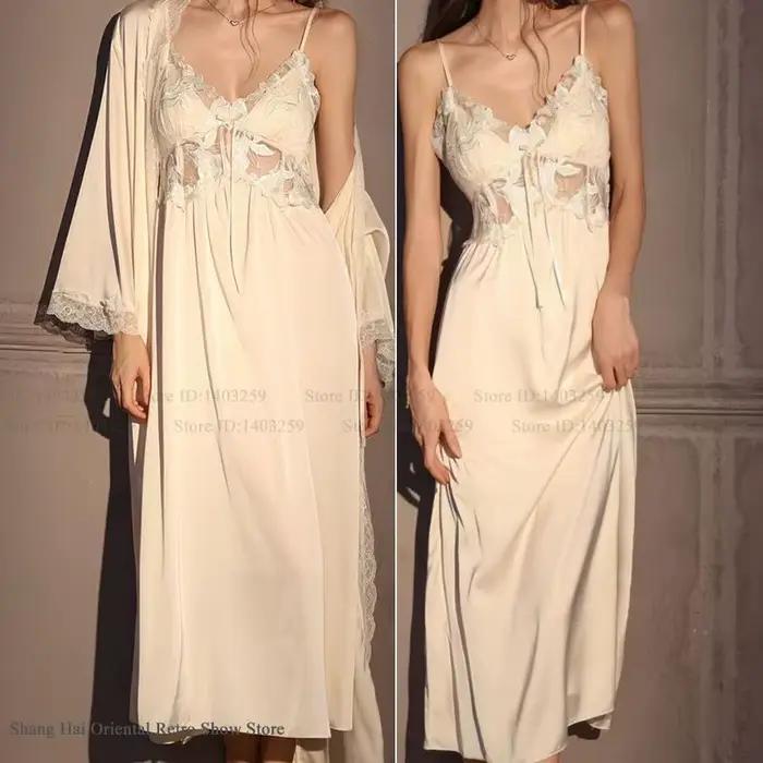 Élégant femme longue Robe ensemble chemise de nuit soyeux glace soie vêtements de nuit Homewear SEXY évider dentelle chemise de nuit Lingerie vêtements de détente