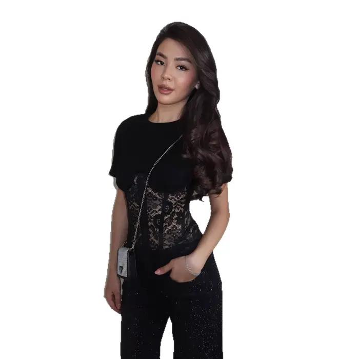 T-shirt corset en dentelle blanche pour femme, manches courtes, col rond, patchwork, haut en maille transparente, élégant, streetwear Y2K, coupe ajustée