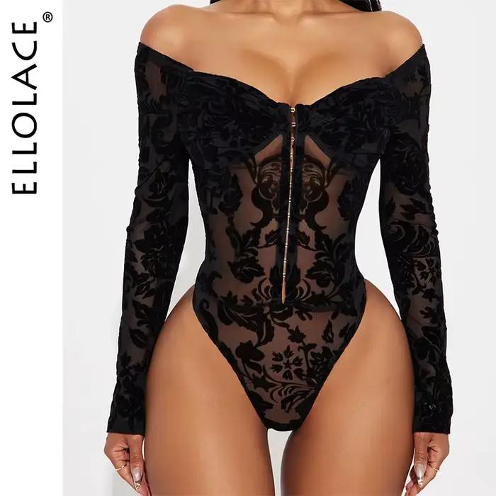 Ellolace Lingerie Sexy Femme Ultra Hot, Body Sensuel à Manches Longues et Épaules Dénudées, Entrejambe Ouvert, Fermeture Avant, Tenues Séduisantes pour Femmes